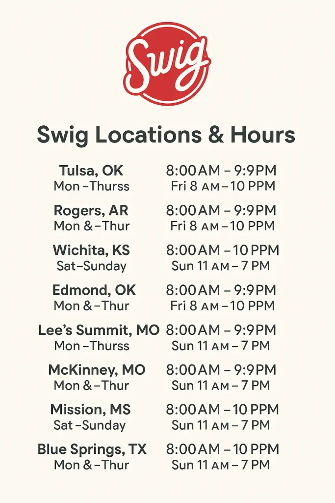 Looking for a Swig near you? Explore all Swig locations with hours, addresses, and directions. Find the closest Swig soda shop instantly!