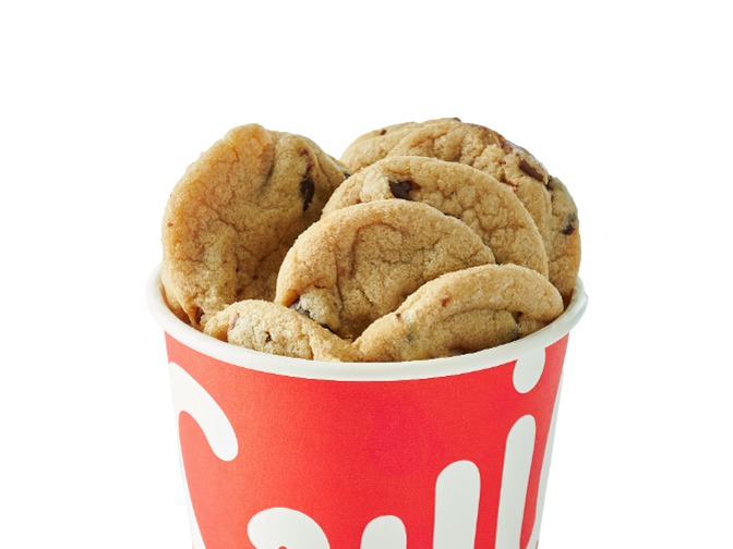 Swig Mini Chocolate Chip cookies made with a mix of milk chocolate and semi-sweet chips, available in a cup, 120 cal, $3.99.