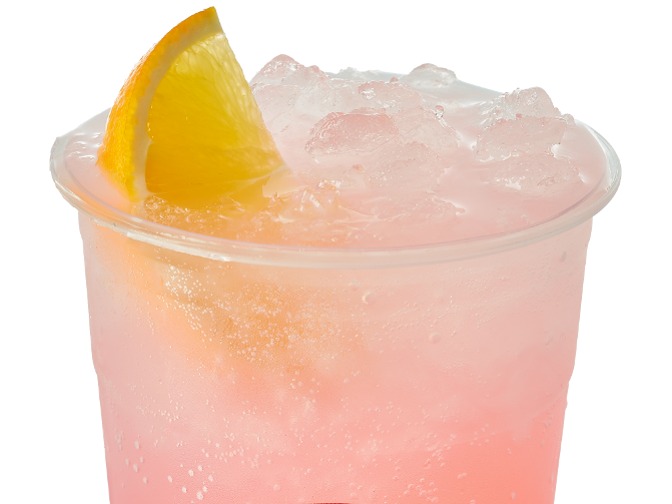 Swig Pink Bahama Fresca with strawberry, peach, raspberry, fresh lemon, 25-80 cal, $3.10.